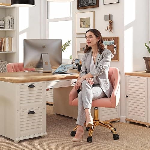 MOJAY Velvet Home Office Desk Chair, Vanity Chair with Wheels Pretty Fancy Gold 360°Swivel Height Adjustable Office Chairs for Girls Home Offices, Bedrooms, Living Room (Pink) thumbnail 2