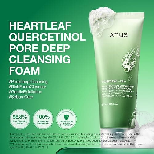 Anua Heartleaf Quercetinol Pore Deep Cleansing Foam, Face wash for Pore Refining Cleanser, Hydrating Daily Facial Cleanser For Double Cleansing, Gentle Foaming with BHA, Korean Skincare, 5.07 fl.oz. - Image 1