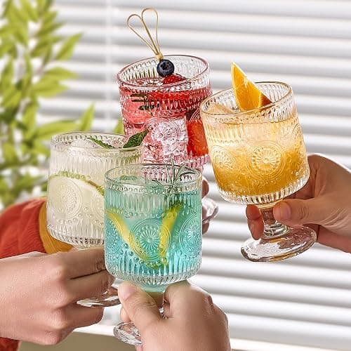 6 Packs Vintage Goblet Glasses, 8 oz Wine Glasses, Embossed Floral Glass Cups Set, Clear Drink Glasses, Drinking Goblets, Bar Tumbler Glassware for Iced Tea, Wine, Beer, Juice, Cocktail, Whiskey thumbnail 5
