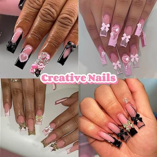 Gold Bow Nail Charms Kit, Cute Pink Flowers Bows 3D Nail Charms for Nails Decoration, White Flatback Pearls Heart Nail Art Jewels for Women Manicure DIY Crafts Accessories thumbnail 3