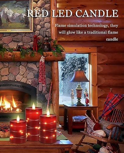 Fanzir Red flameless Candles with Remote Control Timer Battery Operated LED Pillar Candles 4‘’ 5‘’ 6‘’ Fake Candles with String Lights Set of 3 for Christmas or Special Festivals Decorations thumbnail 2