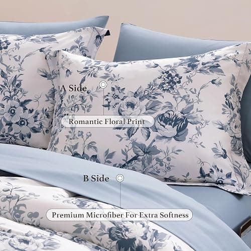 BLOOMHAVEN Full Comforter Set -7 Pieces Floral Blue Comforter Set for All Seasons, Bed in a Bag Full with Botanical Flowers Comforter, Sheets, Pillowcases & Shams thumbnail 6