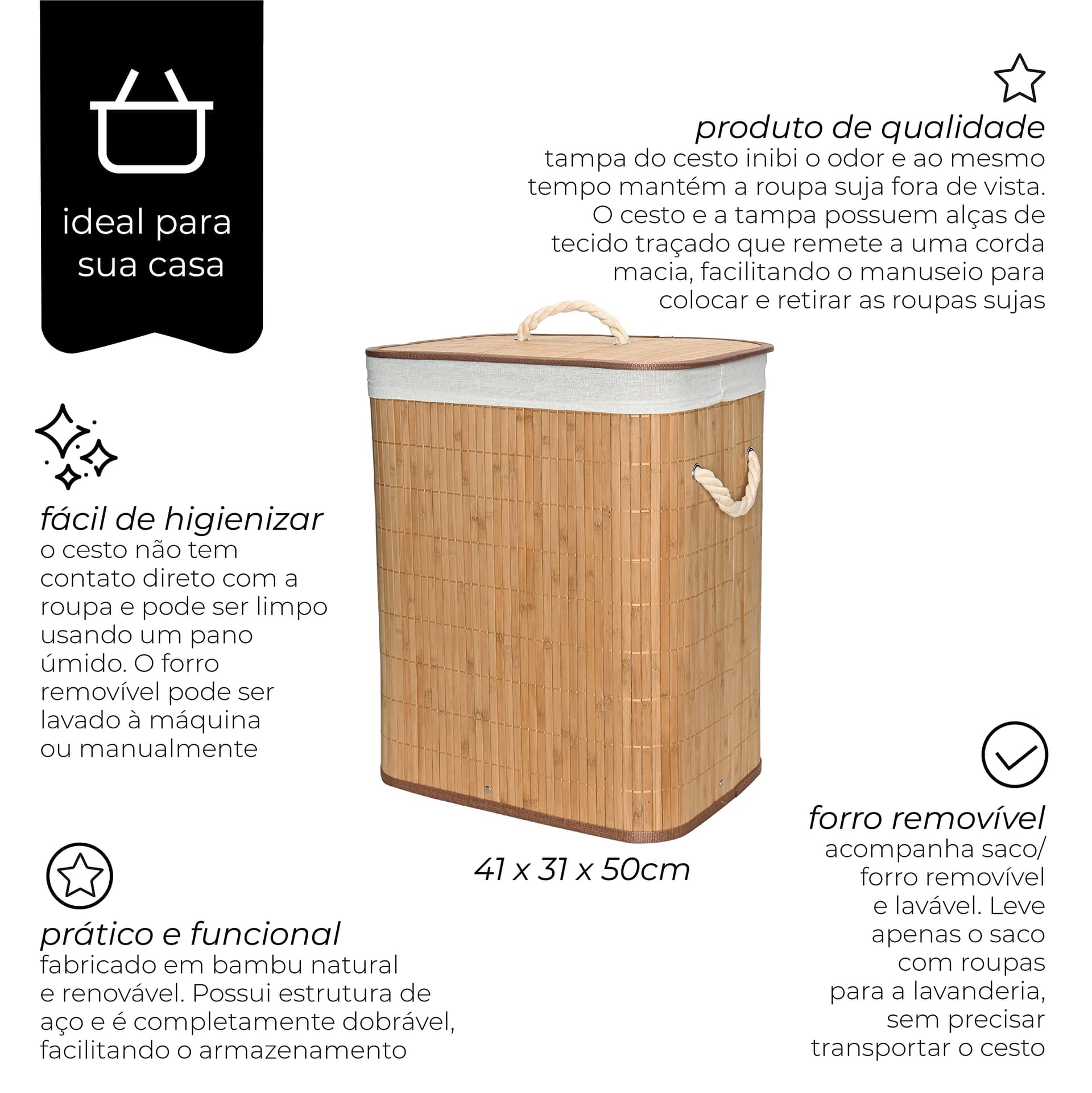 Mimo Style Cesto de Bambu Claro com Tampa para Roupas Sujas. Ideal para Lavanderia, Área de Serviço, Banheiro e Quarto. Forro Removível com Aro de Aço para Fixação, Dobrável, Alça de Corda Macia, Bege thumbnail 2