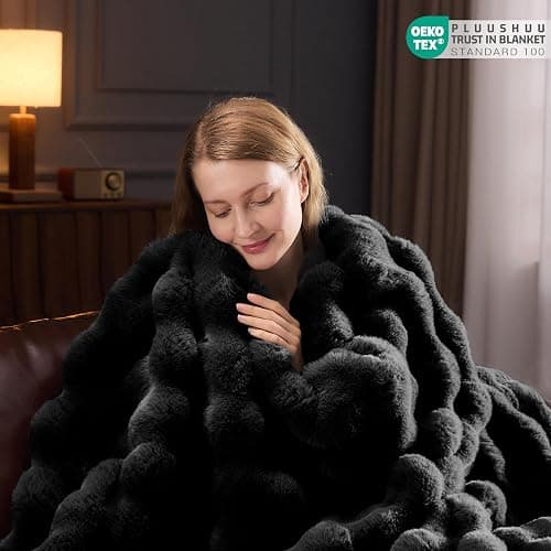PLUUSHUU Faux Fur Throw Blanket for Couch, Fluffy Fuzzy Plush Bubble Blanket, Soft Warm Cozy Shaggy Rabbit Blanket, Luxury Decorative Gifts for Sofa Bedroom Living Room, 60x50inch (Black) thumbnail 4