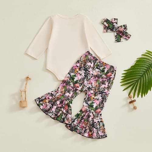 KMBANGI Baby Girl Hunting Outfits Newborn Long Sleeve Letters Print Shirts Romper Leaf Flare Pants 3Pcs Fall Infant Clothing thumbnail 4
