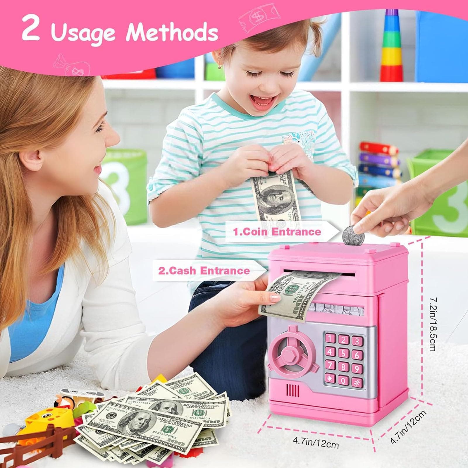 Piggy Bank, Cute Electronic Coin Money Bank for for Kids, Cash Coin Can ATM Bank for Kids 3-7,Auto Scroll Paper Money Saving Box with Password for Real Money Christmas Birthday Gifts (Pink) thumbnail 2