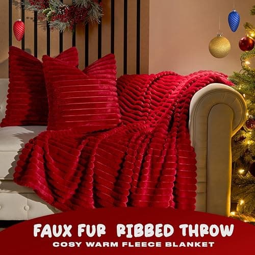 OHS Throws for Sofa Ribbed Faux Fur, Decorative Thick Soft Blanket Bed Throw Cosy Warm Winter Blanket Throws for Sofa Decorative Couch Cover, 125 x 150cm - Red - Red - 125 x 150cm thumbnail 2