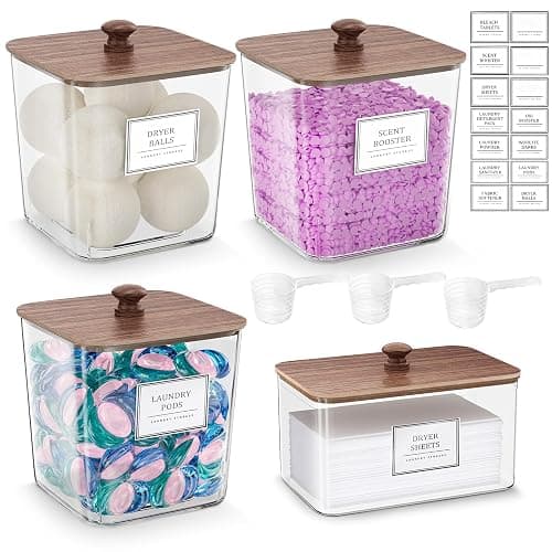 Laundry Pods Storage Container, Clear Laundry Room Organization and Storage,Detergent Powder Container,with Wooden Lids & Labels, 3+1 Pack(Dark Brown) - Image 1