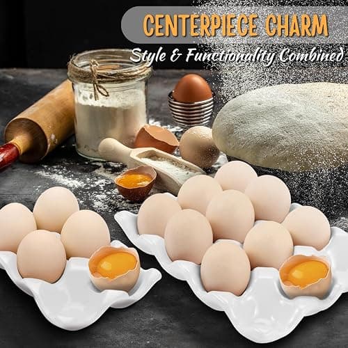 Flexzion 12 + 6 Cups Ceramic Egg Holder for Fridge - 18 Porcelain Egg Tray Container Keeper Storage Organizer Decorative Serving Stand Serveware for Refrigerator Countertop Display Kitchen (White) thumbnail 7