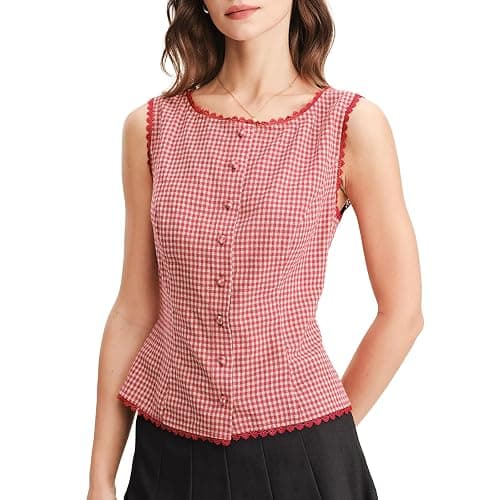 Ainangua Women Plaid Button Tank Top Summer Y2K Lace Trim Sleeveless Checkered Vest Casual Elegant Suit Blazer Wasitcoat - Image 1