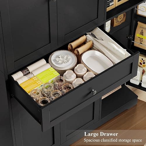 HOSTACK 68" Tall Kitchen Pantry Storage Cabinet, Modern Kitchen Hutch Cabinet with Doors and Shelves, Freestanding Food Pantry with Large Storage Drawer for Dining Room, Living Room, Black thumbnail 7