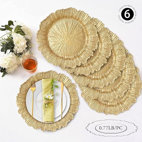 MAONAME Round 13" Gold Charger Plates, Set of 6, Reef Plate Chargers for Dinner Plates, Plastic Table Chargers for Wedding, Thanksgiving, Christmas thumbnail 3