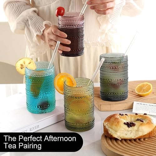 KMIGRUAN 15oz Colored Hobnail Drinking Glasses Set of 6,Vintage Kitchen Glassware,Embossed Beaded Glass Cups,Water Tumbler for Cocktail,Juice and Various Mixed Drinks thumbnail 2