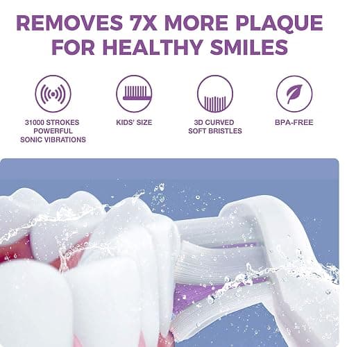 Vekkia Sonic Rechargeable Kids Electric Toothbrush(Purple) | 3 Modes with Memory/Fun & Easy Cleaning/24000 Strokes, IPX7 Waterproof, 2-Min Timer for Age 5+/4 Soft Bristles thumbnail 2