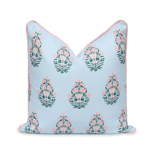 Hofdeco Premium Coastal Patio Indoor Outdoor Throw Pillow Cover Only, 18"x18" Water Repellent for Backyard, Couch, Baby Blue Blush Pink Floral with Piping - Image 1