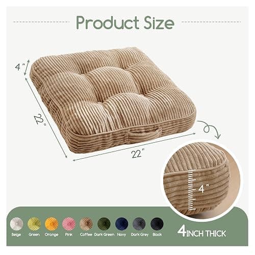 HIGOGOGO Washable Floor Pillow Cushion for Adults, Meditation Cushion Pillow, Large Square Floor Sitting, Removable Tufted Corduroy Cover, for Tatami Living Room or Yoga, 22x22 Inch, Machine Washable thumbnail 2