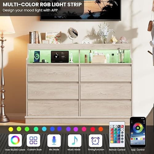 Garvee 6 Drawer Dresser, Desser for Bedroom with LED Lights and Charging Station, Wide Chest of Drawers with Open Space, Modern Large Capacity Storage Cabinet, Living Room, Hallway, Oak thumbnail 6