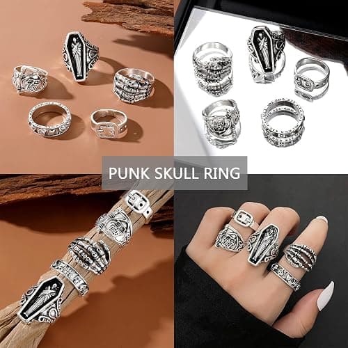 Hifot 29 Stück Y2K Ringe Set für Damen und Männer - Gothic Emo Silber, Punk Grunge Vintage - Herz, Schlange, Blume, Schmetterling, Yin Yang, Totenkopf, Frosch Accessoires Schmuck thumbnail 4