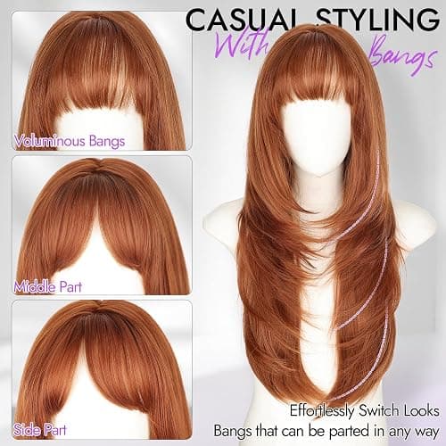 Eawwii Long Ginger Wig with Bangs for Women,4x4 Realistic Scalp, Free Parting,Layered Hairstyle Synthetic Heat Resistant for Daily Party Use 26 inch thumbnail 9