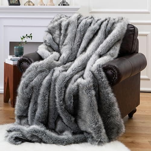 BATTILO HOME Silver Grey Faux Fur Throw Blanket for Couch, Bed, Fake Fur Blankets & Throws, Thick Warm Heavy Fluffy Fuzzy Elegant Furry Blanket Long Pile with Black Tips, 50"x60" thumbnail 2