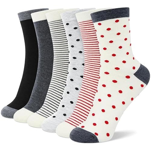 6 Pairs Cotton Crew Socks for Women, Breathable Novelty Funny Striped Dot Casual Cute Calf Socks Size 6-12 - Image 1
