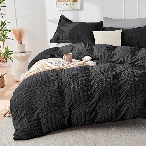 HYMOKEGE Black/Light Grey Queen Comforter Set Seersucker 7 Pieces, All Season Luxury Bed in a Bag for Bedroom, Bedding Set with Comforters, Sheets, Pillowcases & Shams thumbnail 2
