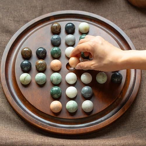 Lingle Deluxe Solitaire Game Set: 12.6'' Solid Wooden Board, 32 Natural Marble Balls, Single-Player Strategy and Smart Games thumbnail 6