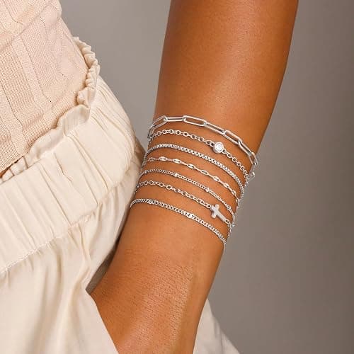 Yoosteel Silver-Plated Bracelets for Women - Dainty Silver-Plated Bracelets Set for Women Trendy Minimalist Simple Layered Bracelet Stack Waterproof Trendy Jewelry Gifts for Women thumbnail 3