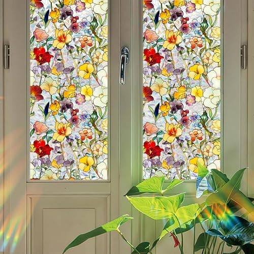 Floral Stained Glass Window Privacy Film, Retro Decorative Rainbow Window Privacy Film Sun Blocking, Magnolia Flower Glass Decal,Static Cling Stickers for Living Room, Car Sunroof. (H, 17"W x 78.74"L) thumbnail 4