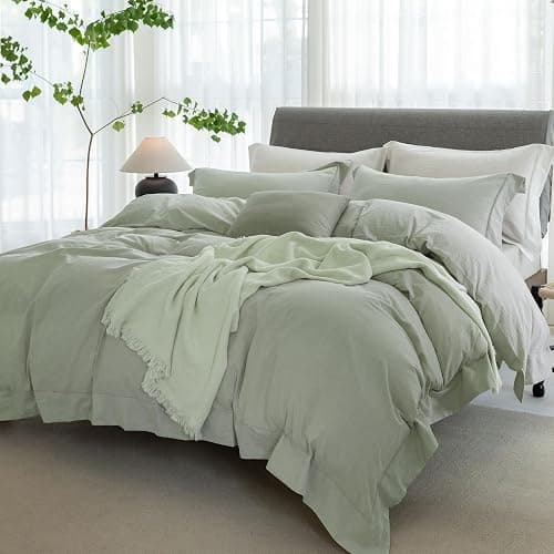 ELIMMO Cooling Twin Duvet Cover Set-100% Washed Cotton with Chic Wide Trim Design Linen Like Textured Ultra Soft Cozy Bedding with Zipper Closure(Hemmed Sage Green,Twin/Twin XL 68"x90") thumbnail 8
