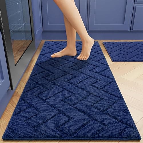 hicorfe Kitchen Rugs and Mats Sets,2 Pieces Super Absorbent Polypropylene Non-Slip Rug,Soft Comfort Floor Mat,Washable for Kitchen,Hallway,Office,Sink,Laundry(20" x 32"+20" x 48",Navy Blue) - Image 1