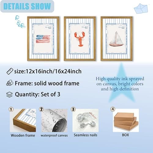 Wood Framed Blue Beach Stamp Set of 3 Canvas Poster Coastal Granddaughter Room Wall Art Decor Vintage Preppy Aesthetic Prints Artwork for Girly Dorm Apartment Ocean Home Decoration 12x16 Inch thumbnail 3