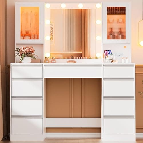 ERLEJIA Vanity Desk with Mirror and Lights, 42.52" 9 Drawer Makeup Table with 2 RGB Lighting Cabinets and Power Outlet for Girls and Ladies Bedroom, White thumbnail 9