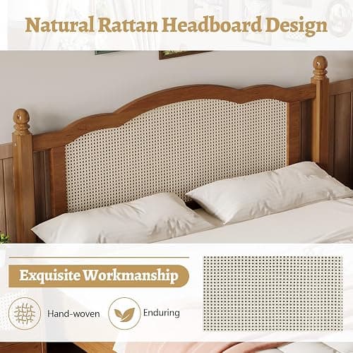 Anwick Queen Size Boho Rattan Bed Frame with Headboard, Noise-Free | Walnut Wooden Platform Bed Wooden Slat Support Silent, Vintage Bedframe , No Box Spring Needed thumbnail 4