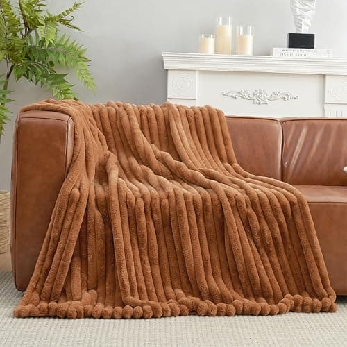 Amélie Home Faux Fur Throw Blanket for Couch, Cozy Fuzzy Fluffy Fur Luxurious Soft Striped Plush Gift Blankets for Family Sofa Chair Bedroom, 55"x70", Orange Brown thumbnail 8