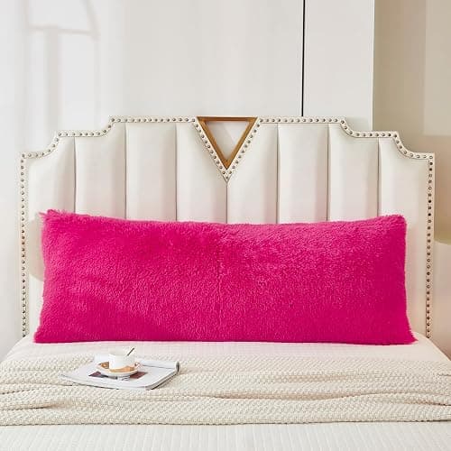 WERDIM Shaggy Fluffy Faux Fur Body Pillow Cover 21"x54" Button Closure Velvet Pillow Shams Throw Body Pillowcase Long Decorative Bed Pillow Case(Hot Pink, 21 X 54 Inches) thumbnail 2