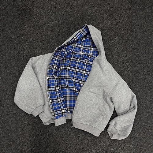 HOHOPEACH Y2k Grunge Plaid Zip Up Hoodie Men Women Reversible Oversized Emo 2000s Graphic Hoodie Fall Baggy Sweatshirts thumbnail 3