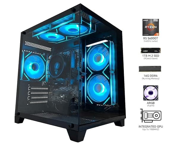 YAWYORE Gaming PC Desktop Computer AMD Ryzen 5 5600GT,16GB DDR4 3200MHz,1TB M.2 NVMe PCle4.0 Gen4,550W 80PLUS PSU,WiFi,Game Design Office Console,Sea View Room, Towers Prebuilt PC (Black) thumbnail 3