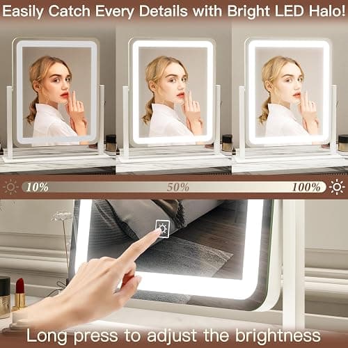 FENNIO Vanity Mirror with Lights - 15"x12.6" LED Lighted Makeup Mirror, Large Makeup Mirror with Lights, Touch Screen with 3-Color Lighting, Dimmable, for Vanity Desk Tabletop, Bedroom thumbnail 3