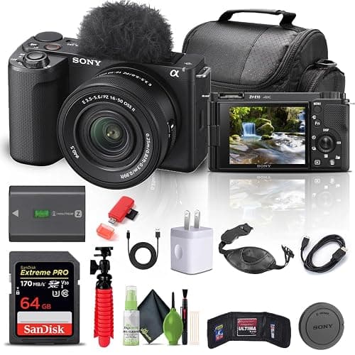 Sony Alpha ZV-E10 II Mirrorless Camera with 16-50mm Lens (Black) (ZVE10M2KB) + 64GB Memory Card + Bag + Card Reader + HDMI Cable + Flex Tripod + Hand Strap + Memory Wallet + Cleaning Kit (Renewed) - Image 1