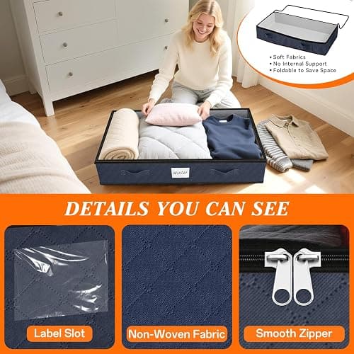SpaceWhisper 90L Under Bed Storage Containers, 4-Pack Storage Bins with Clear Top, Foldable Closet Organizers and Storage with Label Holder for Clothing, Blankets, Comforter & Pillows(Blue) thumbnail 3