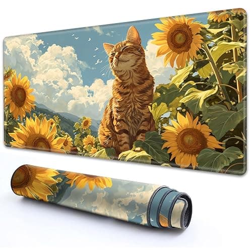 RMJKXQZG for MTG Playmat 24" x 14" with High Elastic Rubber Base Non-Slip Rubber Sole HD Printing for MTG Mat Card Playmats Gaming Mouse Pad, Orange Cat Golden Sunflower - Image 1
