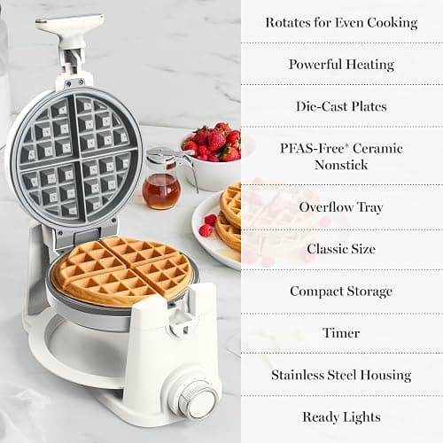 Martha Stewart Rotating Waffle Maker, Ceramic Nonstick Plates, Linen Cream | PFAS-Free Ceramic Nonstick 1" Deep Plates, 180° Flip for Even Browning, Classic Round Waffles, Crisp Level Timer, Drip Tray thumbnail 9