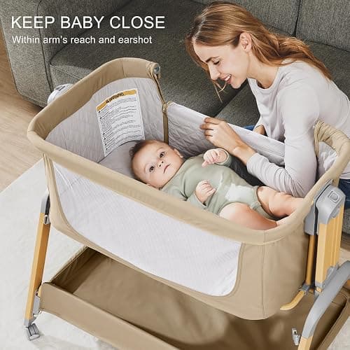 Jimglo 3 in 1 Baby Bassinet, Rocking Bassinets with Comfy Mattress and Wheels, Adjustable Height Bassinet Bedside Sleeper, Easy Folding Portable Crib for Newborn (Khaki) thumbnail 6