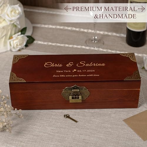 ERUOAEY Personalized Wood Wine Box, Custom Engraved Wine Gift Box, for Wedding, Anniversary, Engagement, Wine Box Ceremony, Bridal Shower thumbnail 5