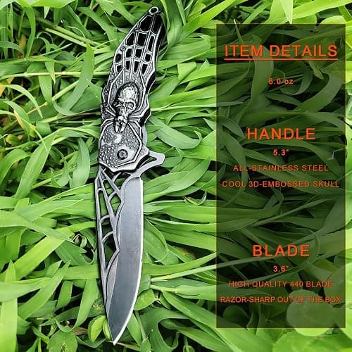 MADSMAUG Pocket Knife, Cool Pocket Folding Knife with 3D Embossed Skull patterns, Great festival Christmas Gift EDC knife For Men Outdoor Survival Camping thumbnail 4