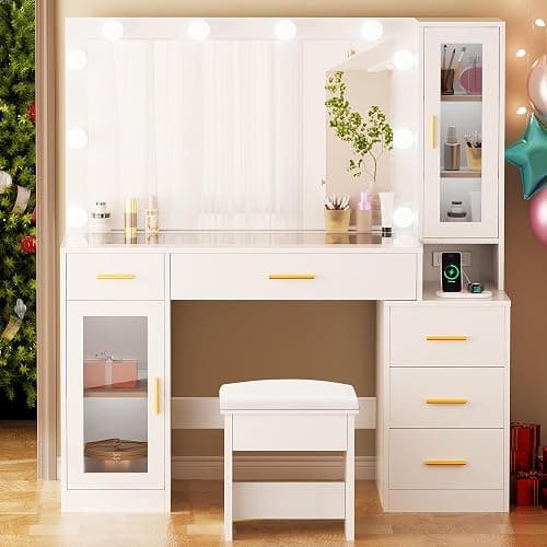 BEWISHOME 49.2" Large Vanity Desk with Mirror and Lights,White Makeup Vanity Table with Glass Top,Stool,Makeup Desk with Power Outlet,5 Drawers,Nightstand,Dressing Table for Bedroom Women FST34W thumbnail 7