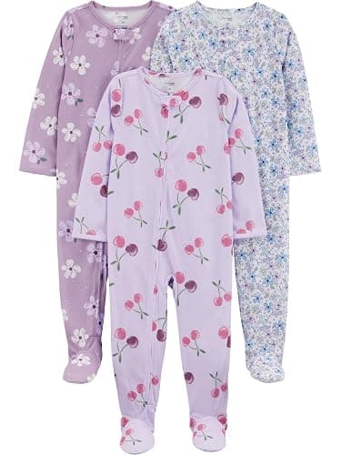 Simple Joys by Carter's Baby and Toddler Girls' 3 Pack Loose Fit Polyester Jersey Footed Pajamas - Image 1