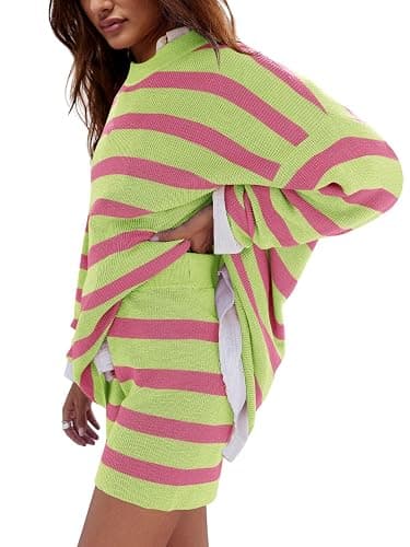 LAMISSCHE Womens Oversized Lounge Sets 2 Piece Outfits Striped Matching Pajama Set Long Sleeve Sweater Set thumbnail 2