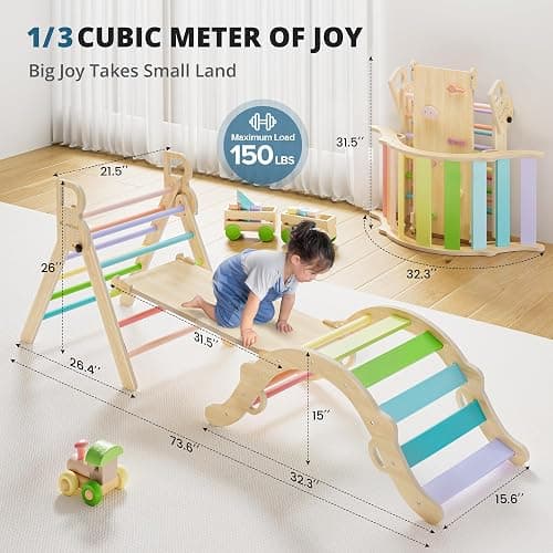 BlueWood Pikler Triangle Set, Toddler Wooden Climbing Toys Indoor 7in1 Foldable Climber for Kids, Montessori Philosophy Play Jungle Gym with Arch, Ramp, Ladder (Colorful Spring) thumbnail 2